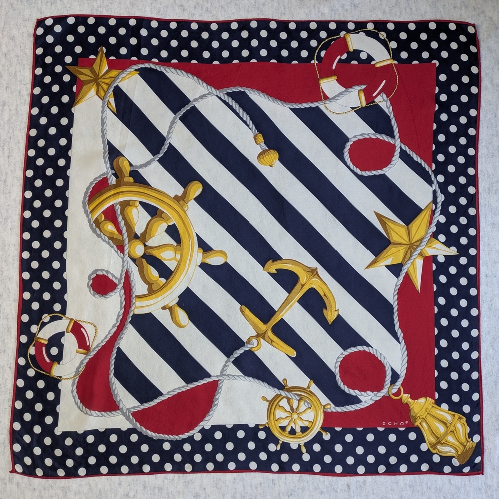 Echo Polka Dot and Nautical Print Silk Scarf Red White Blue Gold